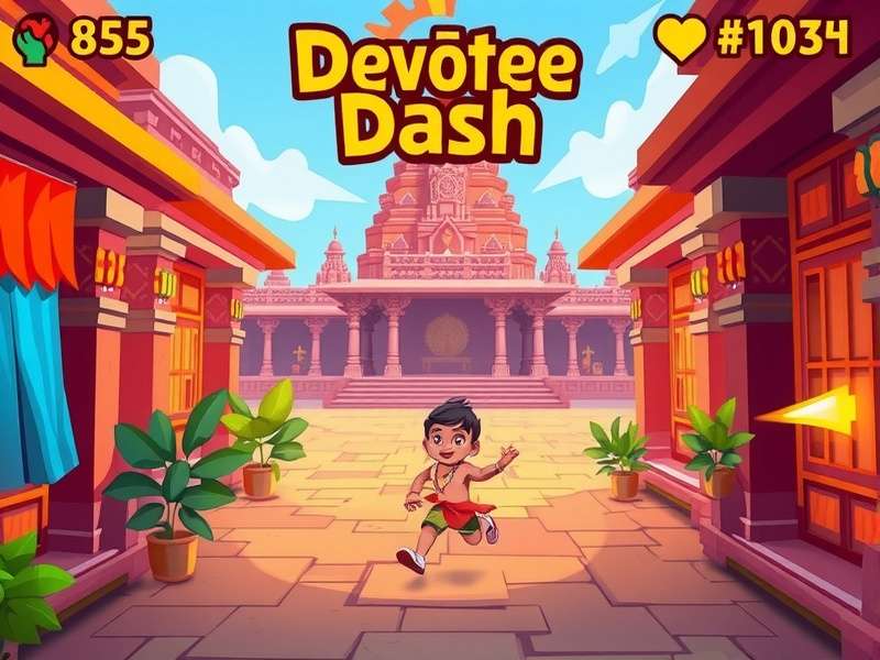 Devotee Dash Deluxe gameplay screenshot showing a devotee running through a temple